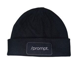 Black Beanie Hat With "/prompt." Logo Patch Ribbed Knit Unisex